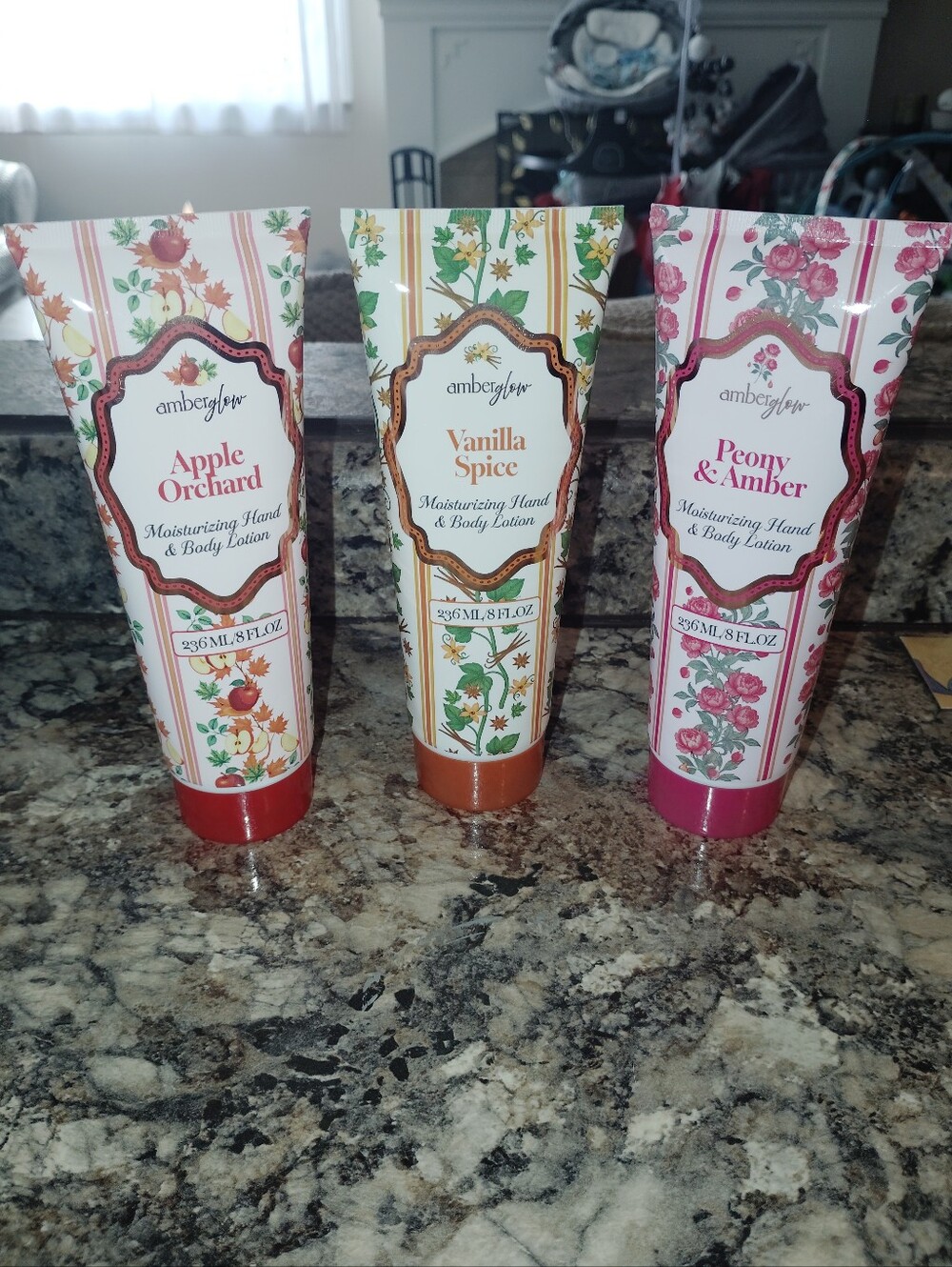 Apple orchard, vanilla spice, peony and Amber Amber glow moisturizing hand